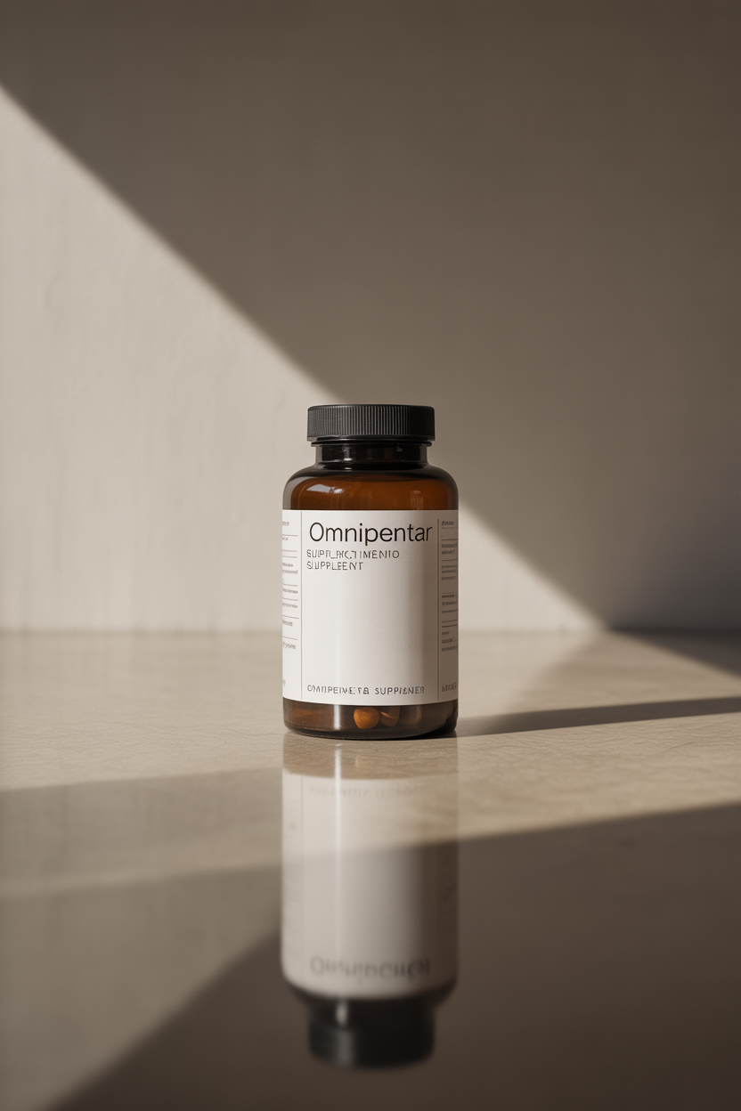 OmniPentar supplement bottle on a neutral surface
